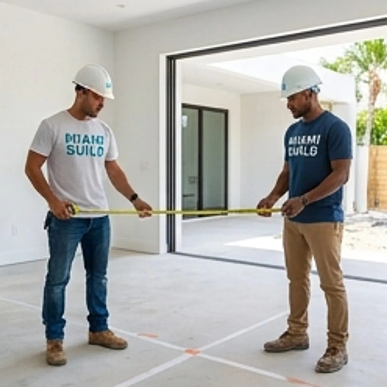 team of builders measuring for home expansion