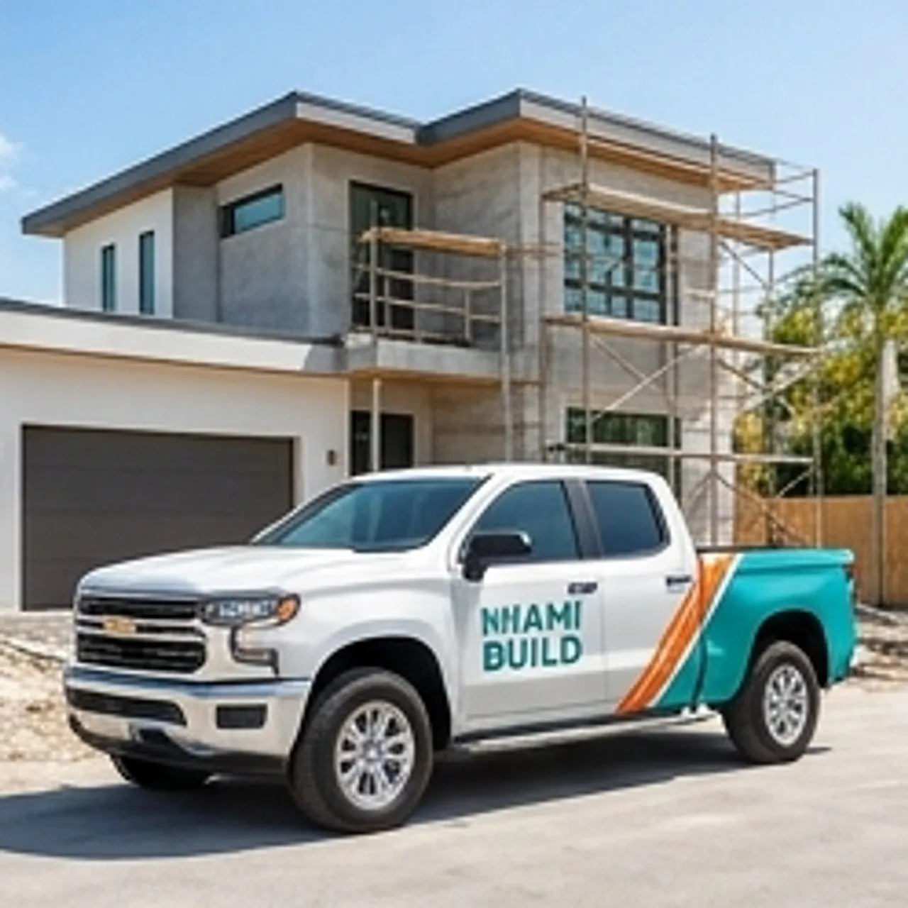 branded truck parked outside remodel site